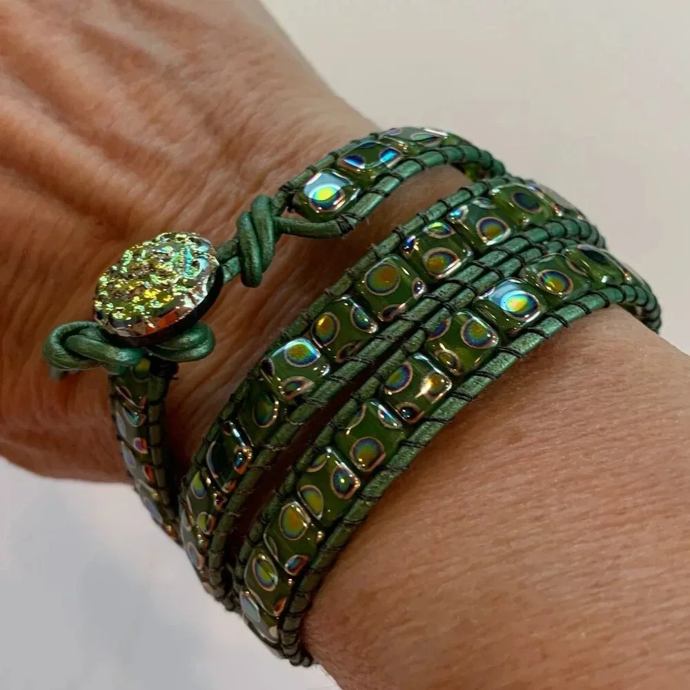 Bespoke Glass Leather Bead Cuff Bracelet - Gold & Green Aura Finish - Handmade - Picture 5 of 7